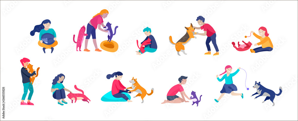 Vector illustration set of children with cats and dog. Happy, funny ...