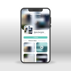 Green social network profile UI, UX, GUI screen for mobile apps design. Modern responsive UI design of mobile applications including Profile screen with follow button and photo, video elements