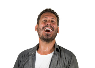 Wall Mural - portrait of young happy and positive attractive 40s man with blue eyes and beard smiling happy and cheerful wearing casual shirt isolated on white background laughing