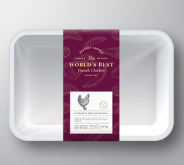 Worlds Best Poultry Abstract Vector Plastic Tray Container Cover. Premium Meat Packaging Design Label Layout. Hand Drawn Chicken, Steak, Sausage, Wings and Legs Sketch Pattern Background.