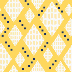 Wall Mural - Geometric diamond shape seamless pattern with textured fill and randomly placed tiny squares. Vector repeating tile, yellow, white, navy blue. Fashion, gift wrapping paper, textiles and home decor.