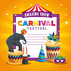 Canvas Print - carnival card and elephant playing with ball and drum