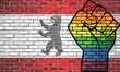 Shiny LGBT Protest Fist on a Berlin brick Wall Flag - Illustration,  Brick Wall Berlin and Gay flags