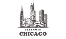Chicago Sketch Skyline. Illinois, Chicago Hand Drawn Vector Illustration.