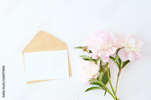 Mockup Wedding Invitation And Envelope With Light Pink Peonies On