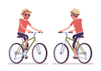 Wall Mural - Hiking man riding a bike. Male cyclist tourist wearing clothes for long outdoor walks, sporting or leisure activity across country. Vector flat style cartoon illustration isolated, white background