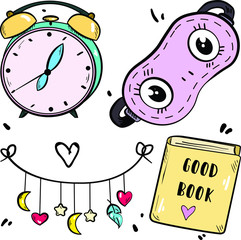 Vector color set of illustration with cute elements. Alarm clock, sleeping mask, garland and book on white background. Logo and postcard ideas. Good for printing.