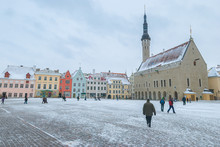 Medieval Town Hall Square Of Tallinn During Winter, Estonia