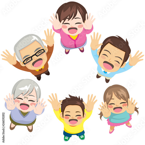 Three generation family of six members happy raising arms up in the air showi...