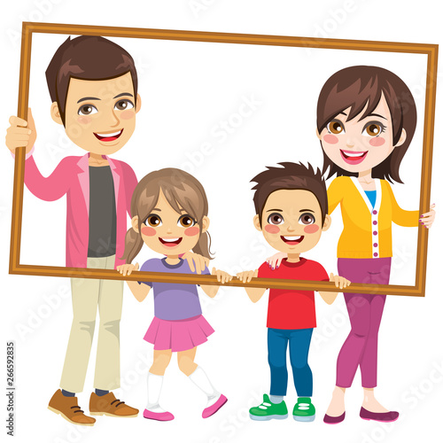 Illustration featuring a happy family holding portrait frame together