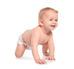 Sticker - Cute little baby crawling on white background