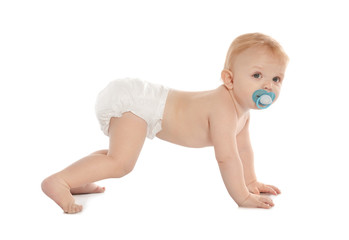 Sticker - Cute little baby crawling on white background