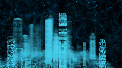 Wall Mural - Cyber Smart city, power digital technology for future smart cities and business cities energy concept, 3D rendering simulation building.