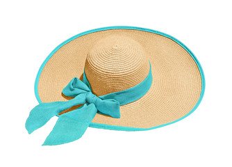 Straw hat with turquoise bow on an isolated white background