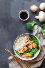 Wall Mural - Teriyaki chicken, broccoli and mushrooms stir fry