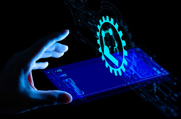 Leinwandbilder - Engineer hand check and control welding robotics automatic arms icon with machine in intelligent factory automotive industrial with UI monitoring system software.