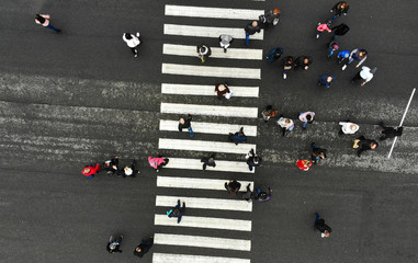 Wall Mural - Aerial. Urban lifestyle background with people on pedestrian crosswalk.