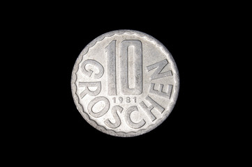 10 Groschen Ausrtian coin isolated on the dark background