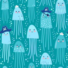 Sweet-faced Jellyfishes Sailors And Jellyfishes Pirates. Seamless Vector Pattern In Cartoon Style.