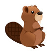 Cute brown beaver sitting. Cartoon character design. North American beaver Castor canadensis. Rodentia mammals. Happy animal. Flat vector illustration isolated on white background. Front view