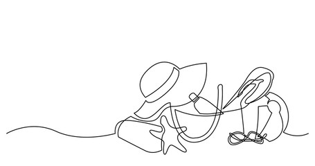 continuous line drawing of hat sunscreen lotion sunglasses flip flops starfish bag on sand beach