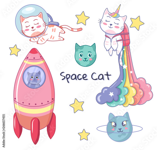Download Funny Doodle Stickers Kawawii Cats Collection Vector Illustration Of Cute Cartoon Cats In Different Poses And Unusual Interpretation In Space Isolated On White Stock Vector Adobe Stock