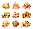 Set of delicious waffles with different toppings on white background, top view