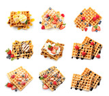 Fototapeta  - Set of delicious waffles with different toppings on white background, top view