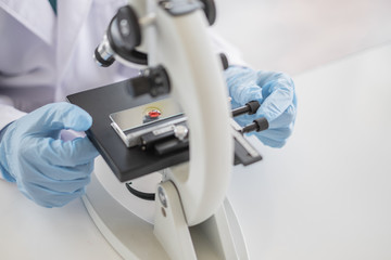 Wall Mural - a scientist hands working in laboratory with test tube microscope and solutions.