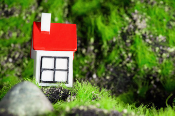 a house with a red roof on a grass background