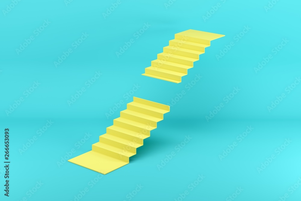 Yellow stairway missing steps in the middle isolated on blue background. Minimal conceptual idea concept. 3D Render. - obrazy, fototapety, plakaty 