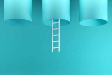 Wall Mural - Outstanding white ladder hanging inside blue tube in the middle on blue background. Minimal conceptual idea concept. 3D Render.