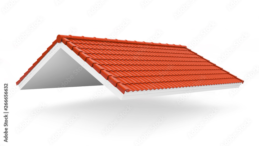 3d roof on the white background. 3d rendering,red roof tile isolated on the white background,Tile with structure on the white background.gable roof - obrazy, fototapety, plakaty 