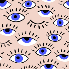 Eyes doodle vector hand drawn seamless pattern. Closed and open eye. The pattern for the fabric, cover. Ornament for wrapping paper. 