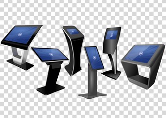 Six Promotional Interactive Information Kiosk, Advertising Display, Terminal Stand, Touch Screen Display isolated on transparent background. Mock Up Template.