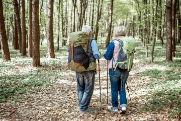 beautiful senior couple hiking with backpacks and trekking sticks in the forest, back view concept o