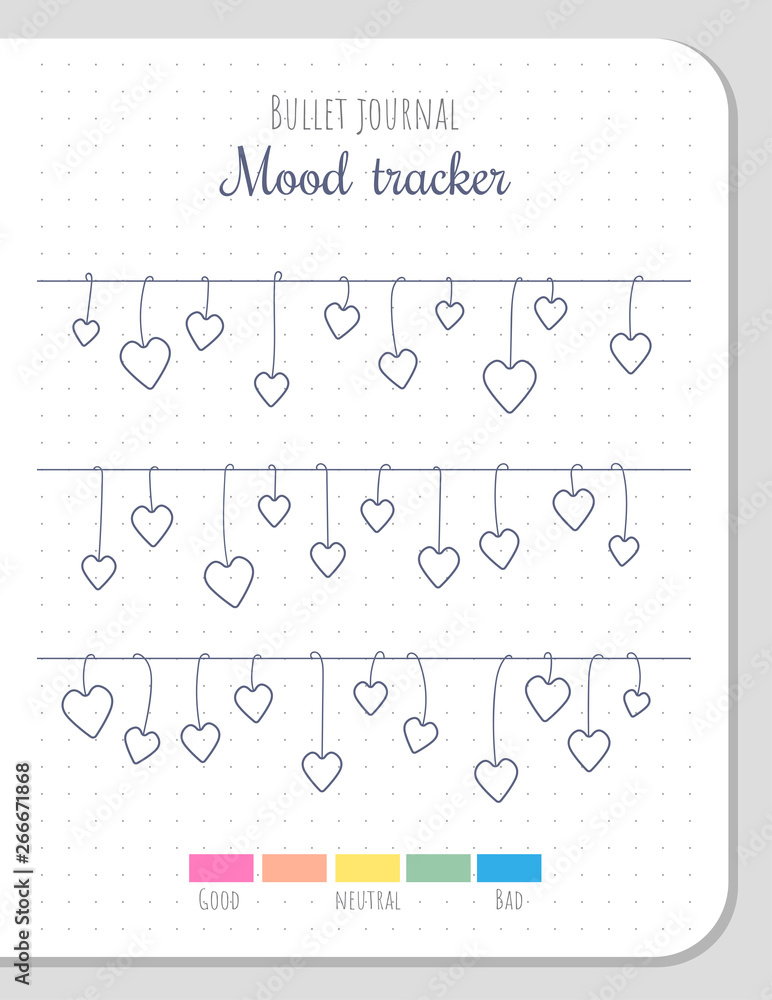 Mood tracker with hanging hearts. Bullet journal blank page template ...