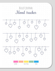 Wall Mural - Mood tracker with hanging hearts. Bullet journal blank page template. Daily planner for 31 days.