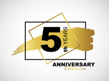 5th Golden Anniversary Icon Celebration With Frame And Hand Drawn Ink Brush Gold Ribbon. Vector Template Element For Your 5 Birthday Party Poster Greeting Card On White Background And Black Number.