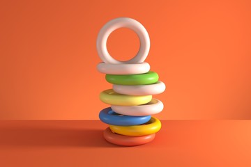 Wall Mural - Pile of random shifted colorful tori isolated on orange background. Minimal concept idea. 3D Render.