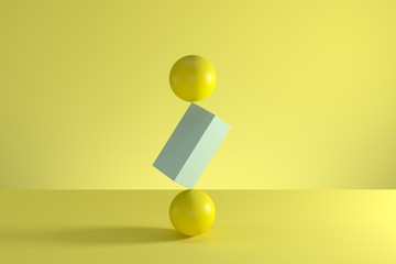 Wall Mural - Stack of two yellow spheres and blue box in the middle  isolated on yellow background. Minimal concept idea. 3D Render.