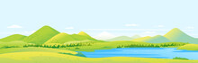 Big Panorama Of Fields And Meadows With Spruce Forest Around Mountain Lake In Valley, Summer Countryside With Green Hills And River, Summer Sunny Glades Illustration