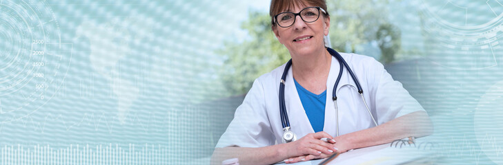 Wall Mural - Portrait of female doctor. panoramic banner