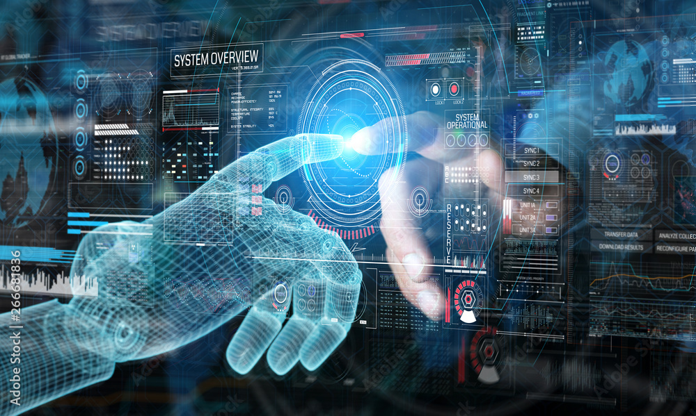 Wireframed robot hand and human hand touching digital graph interface ...