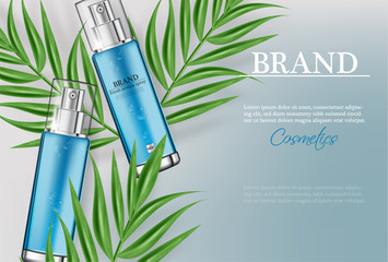 Wall Mural - Cosmetics spray water moisturizer hydration Vector realistic. Product packaging mockup. Detailed bottles with label design. 3d template illustrations