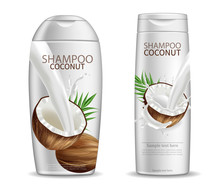 Coconut Shampoo Vector Realistic. Product Packaging Mock Up. Container Bottles Isolated. 3d Detailed Illustrations
