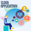 © Zofia - Word writing text Cloud Application. Business photo showcasing the software program where cloud computing works Man Sitting Down with Laptop on his Lap and SEO Driver Icons on Blank Space