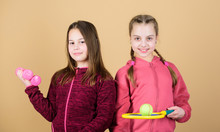 Perfect In Every Way. Happy Children With Sport Equipment. Little Girl. Fitness Barbell. Gym Workout Of Teen Girls. Tennis Racket And Ball For Activity. Sport Success. Hard Choice
