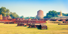 Ancient Ruins And Buddhist Stupa Dharmarajika (Dhamek Stupa) In Sarnath. Uttar Pradesh, India