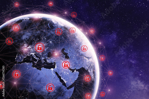 Cuadros en Lienzo Global cyber attack around the world with planet Earth viewed from space and int